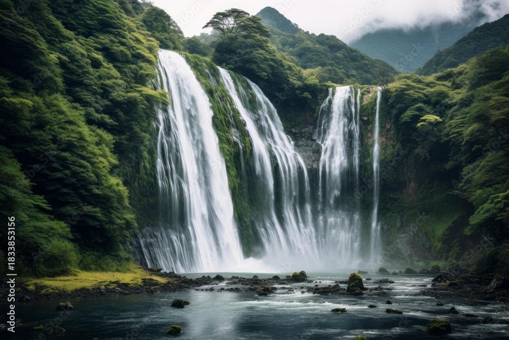 Fototapeta premium Water plunges down mossy cliffs in a beautiful display of nature's power and serenity