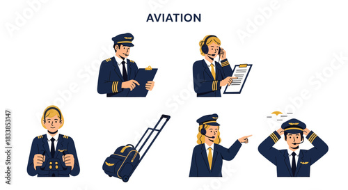 Illustrations of male and female airline pilots and aviationrelated items