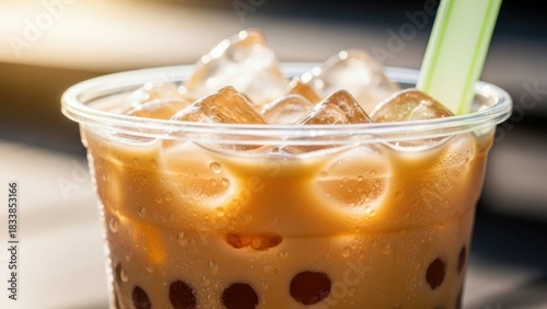 Delicious iced bubble tea with tapioca pearls and a green straw in a plastic cup. Refreshing beverage for summer drink and menu item.