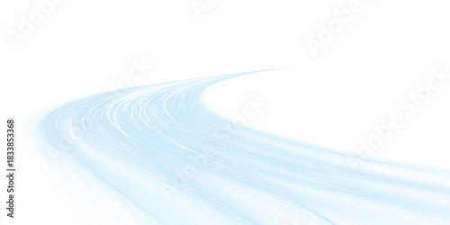 Bright cyan light streaks twist around a futuristic road, creating high-speed motion. Neon glow enhances visual depth. Perfect for sci-fi digital art. PNG