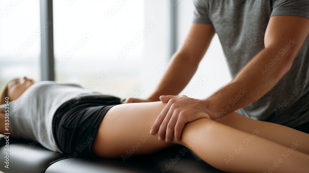 Fototapeta premium Male therapist performing leg massage on female client in bright wellness studio with natural light
