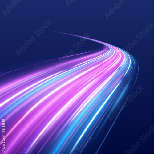 Blue and pink neon swirls rotate in abstract patterns. Light trails emphasize speed and futuristic motion. Perfect for tech designs.