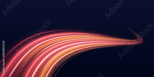 : Glowing light ribbons flow along curved paths in vibrant neon colors. Motion suggests energy and futuristic speed. Ideal for digital art.