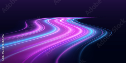 Spiraling light trails in vibrant pink and blue move across space. Each glow conveys intense motion. Ideal for sci-fi backgrounds.