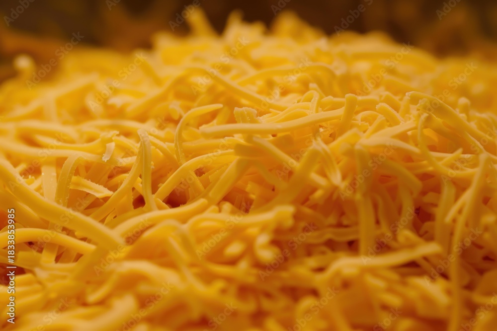 Fototapeta premium Close up of a pile of grated cheese, creating an enticing texture