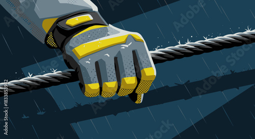 A focused worker in a hard hat and reflective jacket operates heavy machinery from a control panel, working through a rainy night at an industrial location.