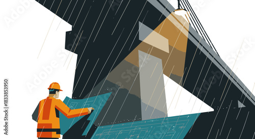 A focused worker in a hard hat and reflective jacket operates heavy machinery from a control panel, working through a rainy night at an industrial location.