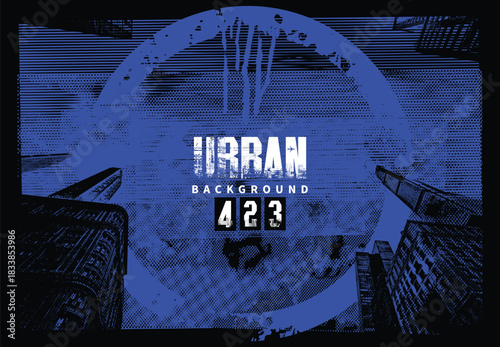 Abstract vector banner on the theme of urbanism, street art, digital technology and photo studios against the background of the architecture of a city, pixels.T-shirt design, poster, logo. No AI used 