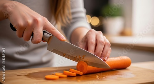 Hands chopping fresh carrots on a wooden cutting board