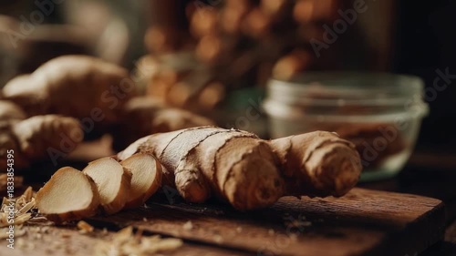 Fresh ginger root with sliced pieces on a wooden cutting board.