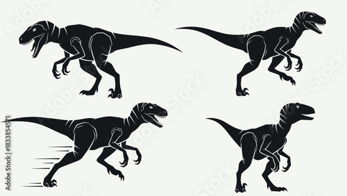 Set of black Velociraptor dinosaur silhouettes in different action poses