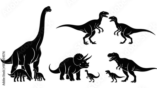Black silhouette illustrations of various dinosaurs, including adults and young.