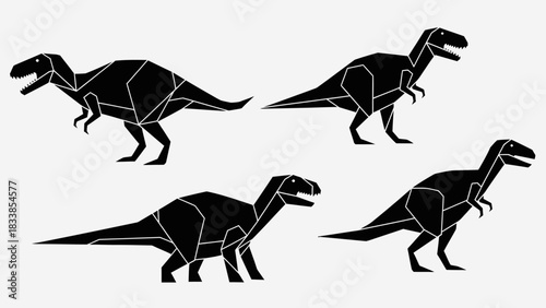 Four stylized black dinosaur silhouettes in various poses against a white background.