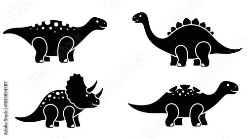 Four black dinosaur silhouettes in various poses, showcasing different prehistoric species.