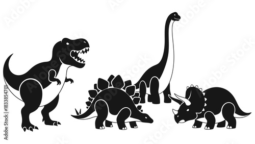 A group of four cartoon dinosaurs including a T-Rex, Stegosaurus, Triceratops, and a long-necked dinosaur.