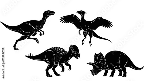 Silhouette illustration of four different dinosaurs, each in a unique pose, isolated on white.