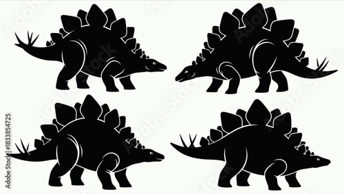 Four black silhouette illustrations of a Stegosaurus dinosaur, showcasing different poses.