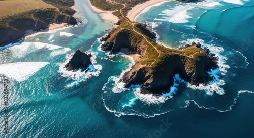 Dramatic aerial view of rugged island coastline with crashing waves
