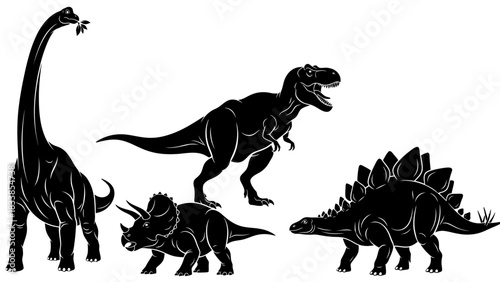 Silhouette illustration of a group of dinosaurs, including a Brachiosaurus, Tyrannosaurus Rex, Triceratops, and Stegosaurus.