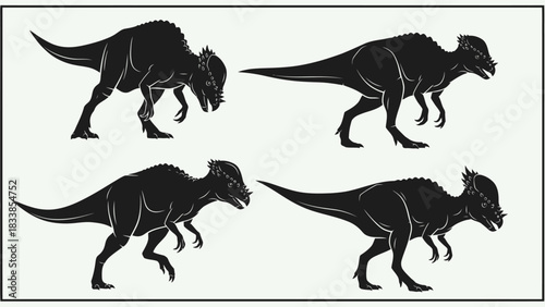Four silhouettes of pachycephalosaurus dinosaurs in different poses.