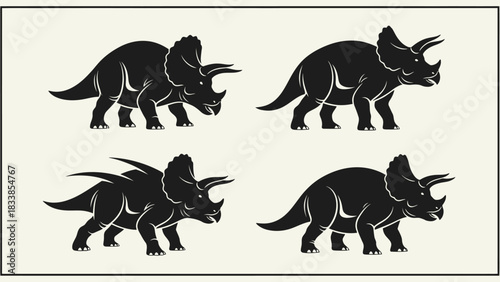 Four Triceratops dinosaurs are illustrated in black silhouette against a cream background, displayed in a simple layout.