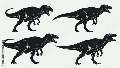 Four stylized silhouettes of prehistoric carnivorous dinosaurs in various poses.