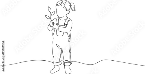 Child in overalls holding a small plant seedling vector