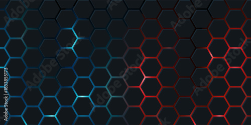 Dark red and blue hexagon abstract technology background with red and blue colored bright flashes under hexagon. Hexagonal gaming vector abstract tech background.