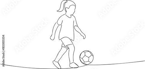 Girl playing soccer with a ball in a simple line drawing
