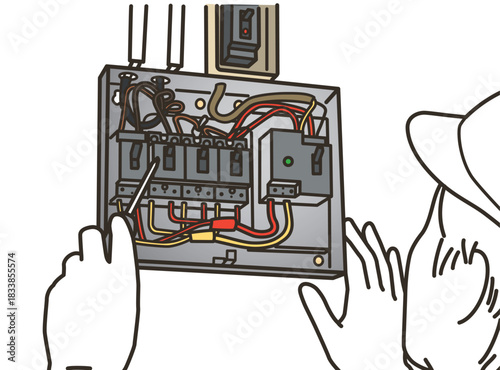 電気工事士による配電盤作業のイラスト