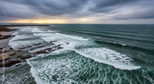 Dramatic ocean waves crash on rocky shore under stormy skies
