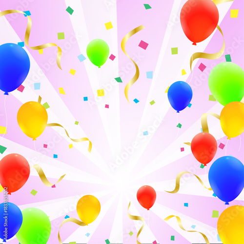 カラフルな風船とめでたい紙吹雪のフレーム	