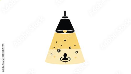 Abstract illustration of a person under a spotlight concept for finding talent design isolated on white background