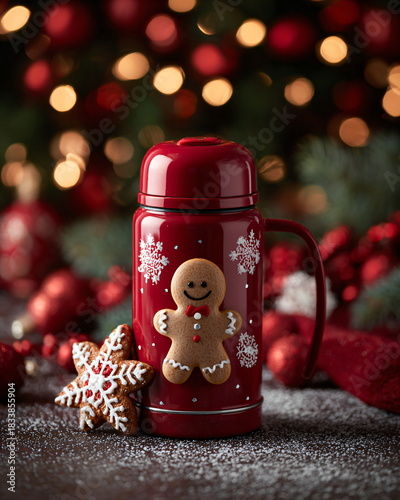red thermos cup with gingerbread man cookie, snowflakes, Christmas garland bokeh