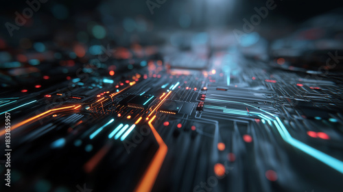 Futuristic colorful motherboard, Glowing chip and network paths, Electronic network concept
