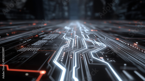 Futuristic colorful motherboard, Glowing chip and network paths, Electronic network concept