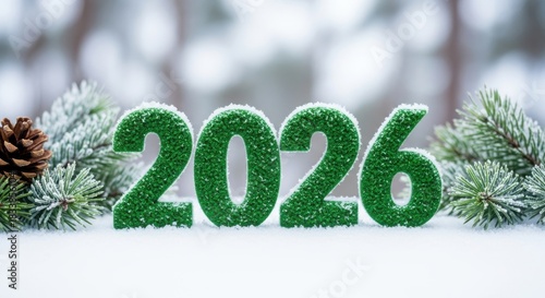 Green glittery 2026 numbers surrounded by snow covered pine branches