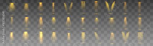 Bright honey-yellow light cone casts a clean glowing path with mild sparkle mist and balanced illumination. Soft shine creates harmony. Honey-yellow spotlight vector.