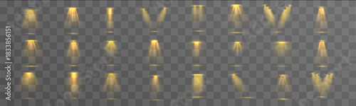 Golden beam flare radiates intense highlight glow with soft haze diffusion and clear bright focus. Smooth gradients enrich warmth. Golden flare spotlight vector.