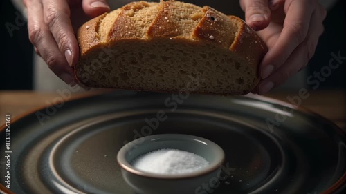 Rustic Kitchen Experience Freshly Baked Bread on Plate with Salt, Perfect for Cozy Meals and Joyful Coptic Christmas Celebrations