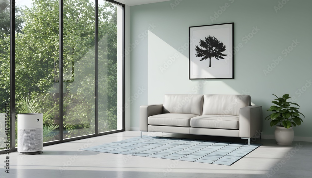 Fototapeta premium A sunlit modern living room with a large window, a grey sofa, and an air purifier.