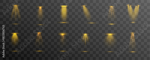 Bright yellow spotlight beam shines with intense radiant flare and smooth glowing diffusion. Crisp luminous edges add vivid clarity. Yellow spotlight vector.