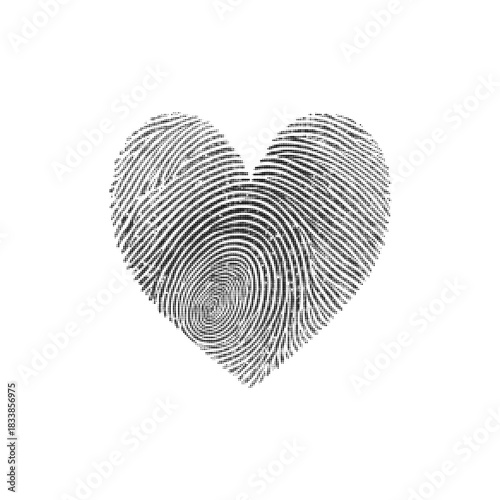 Halftone heart shape created from fingerprint texture, symbolizing identity, love, security and biometric design on a white background.