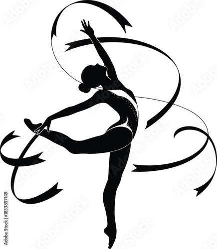 Elegant Silhouette of a Rhythmic Gymnast Performing a Dynamic Routine with Flowing Ribbon, Celebrating Artistic Grace, Movement, and Championship Sport