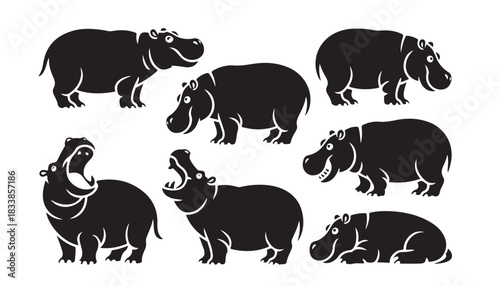 Set of seven black hippopotamus silhouette icons