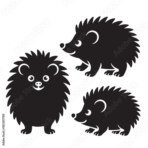 Set of three cute black hedgehog silhouettes