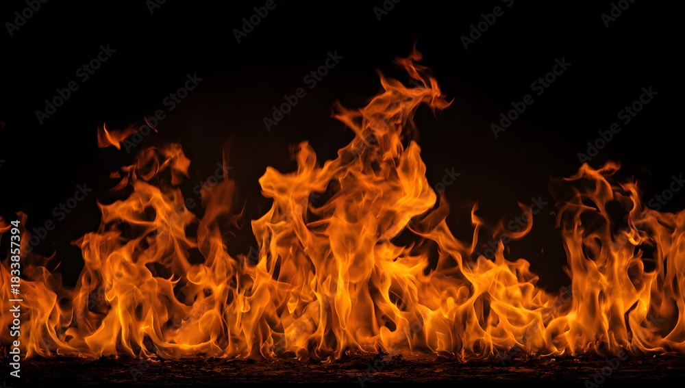 Fototapeta premium Vibrant orange and yellow flames dance intensely against a deep black background creating a powerful visual display of pure combustion and heat