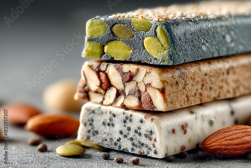 Protein bars stacked with nuts and seeds on a neutral background Generative AI