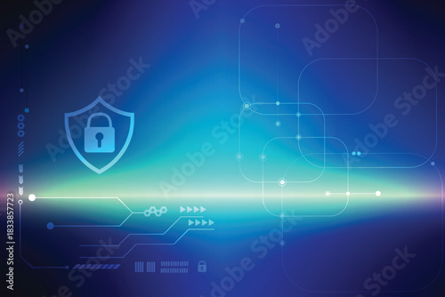 Digital technology concept, cyber security, data protection, internet network connection, prominent shield in center.