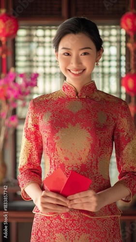A woman joyfully holds red envelopes, celebrating a traditional event in a beautifully decorated setting.